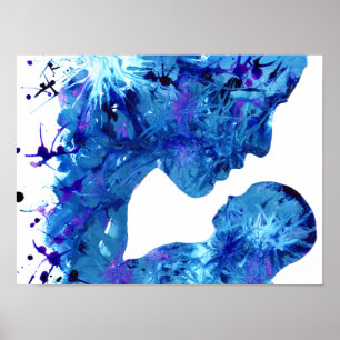Affiches Œuvre d'art abstrait aquarelle Bleu Mère et Enfant
