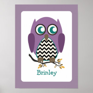 Affiches Œuvre d'art de nurserie de hibou chevron violet
