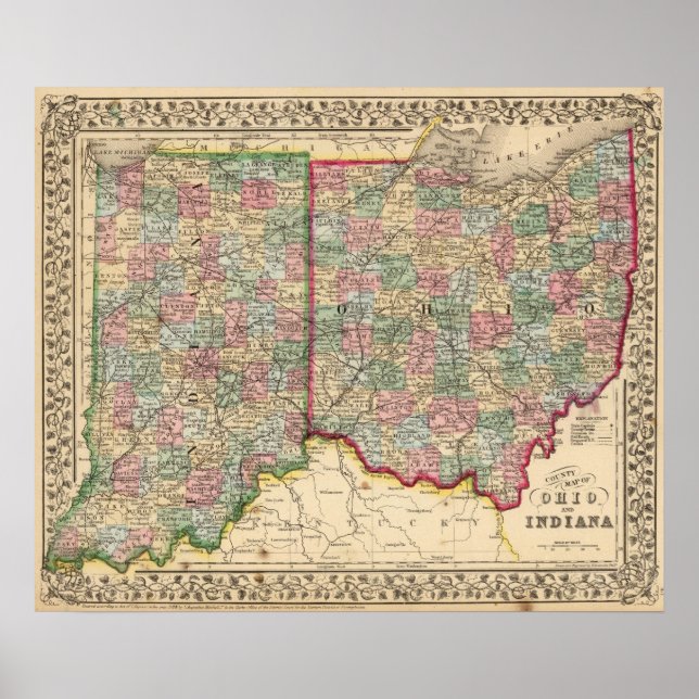 Affiches Ohio, Indiana Map par Mitchell (Devant)