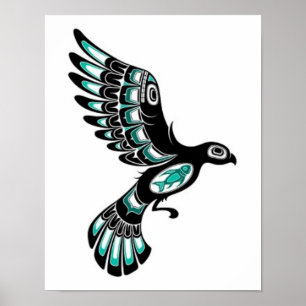 Affiches Oiseau bleu de vol et noir turquoise d'esprit de
