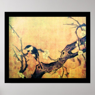 Affiches OISEAU DE PRINTEMPS ET FLEURS JAUNE Brown Noir
