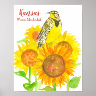 Affiches Oiseau d'État du Kansas Meadowlark Tournesol
