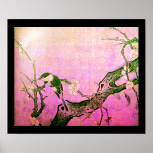 Affiches OISEAU PRINTANIER ET ARBRE FLEURI Fuchsia Rose