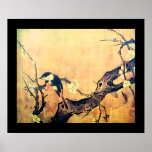Affiches OISEAU PRINTANIER ET ARBRE FLEURI Jaune Brun Noir