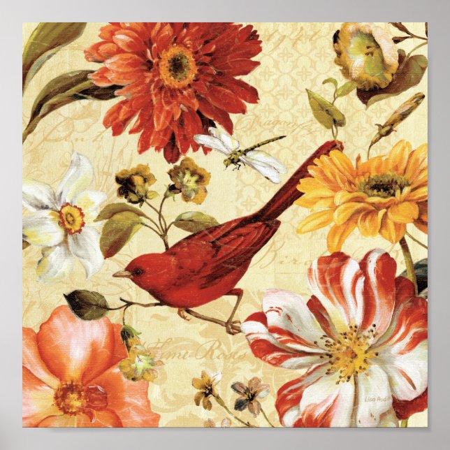 Affiches Oiseau rouge dans un jardin fleuri (Devant)