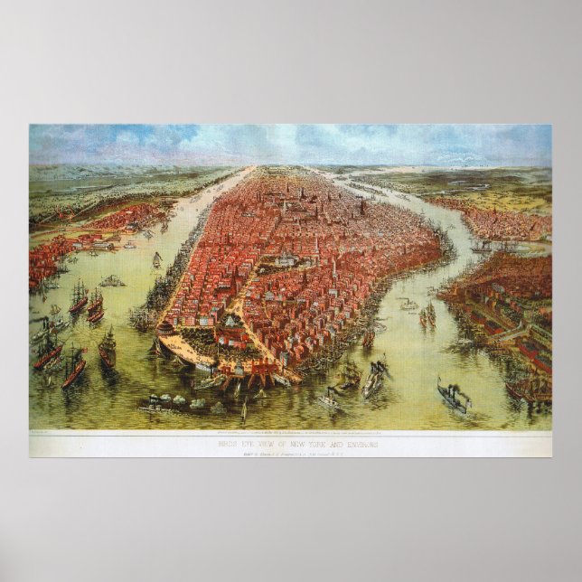 Affiches Oiseau's Eye View of Manhattan, Bachmann 1865 Impr (Devant)
