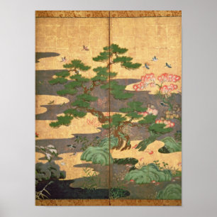 Affiches Oiseaux avec des fleurs d'automne et d'hiver