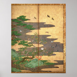 Affiches Oiseaux avec des fleurs d'automne et d'hiver