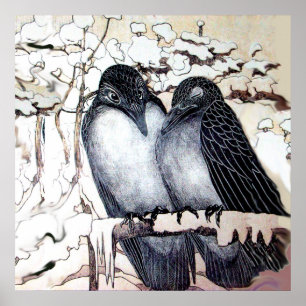 Affiches OISEAUX D'AMOUR D'HIVER DANS LA NEIGE Noir Blanc