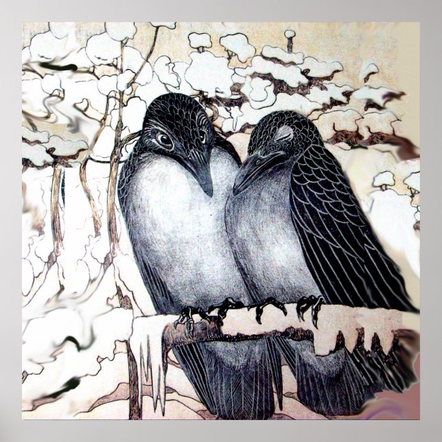 Affiches OISEAUX D'AMOUR D'HIVER DANS LA NEIGE Noir Blanc (Devant)
