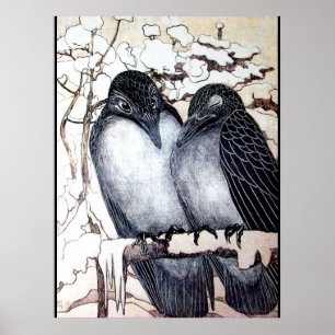 Affiches OISEAUX D'AMOUR D'HIVER DANS LA NEIGE Noir Blanc