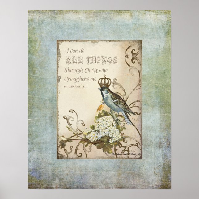Affiches Oiseaux de bois - Oiseau bleu avec fleurs de couro (Devant)