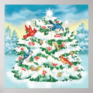 Affiches Oiseaux sauvages en nature avec l'arbre de Noël