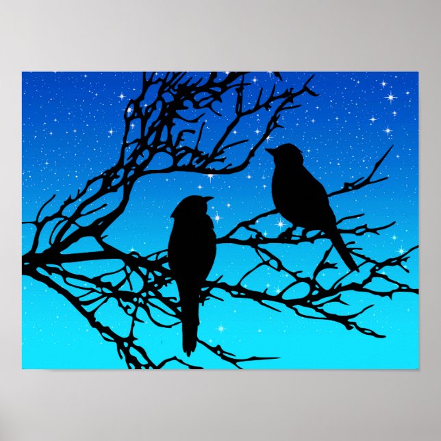 Affiches Oiseaux sur une branche, Noir contre Bleu du soir (Devant)