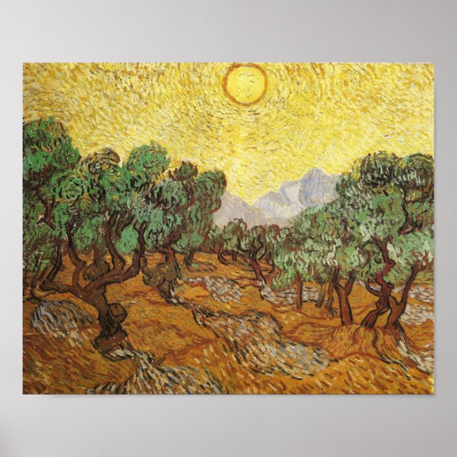 Affiches Olive Trees Ciel Jaune & Soleil Van Gogh Art (Devant)