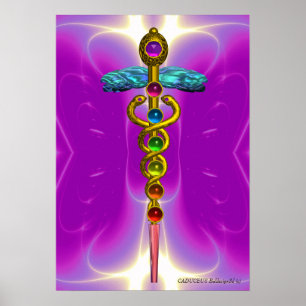 Affiches OR CADUCUS 7 CHAKRAS, Yoga, Médicale rose Fuchsia