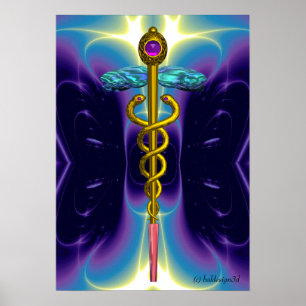 Affiches OR CADUCUS Médicale Symbole violet Bleu Vagues