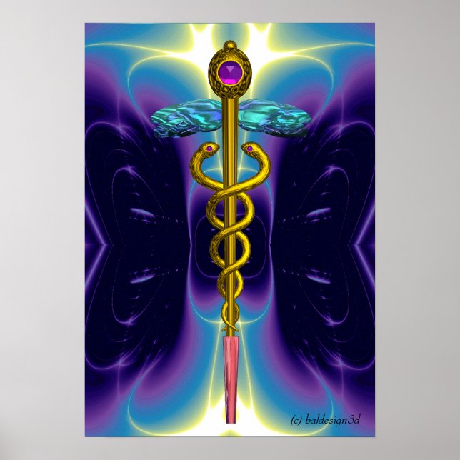 Affiches OR CADUCUS Médicale Symbole violet Bleu Vagues (Devant)