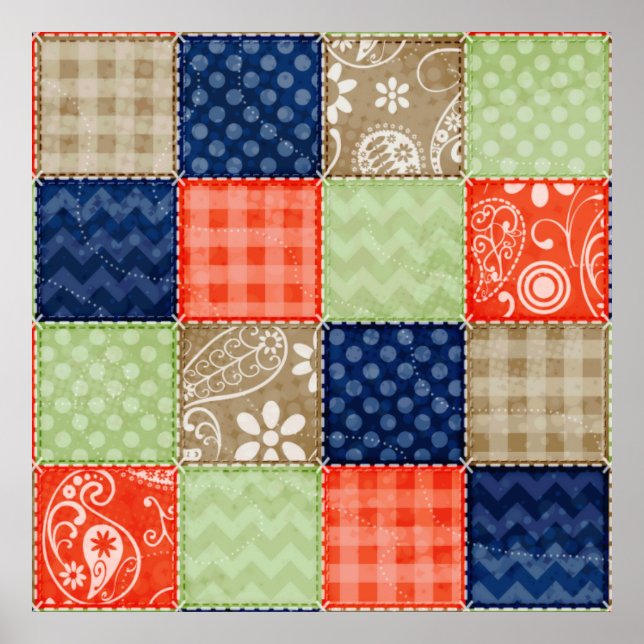 Affiches Orange, Bleu, Brown et Sage Vert Patchwork (Devant)