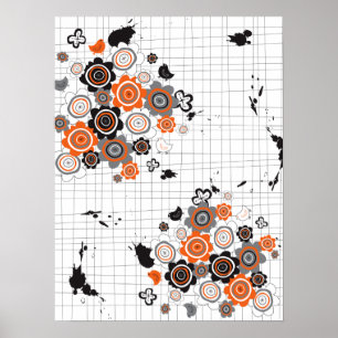 Affiches Orange Flowers Chicks Grunge Ink Blots Doodles Kid