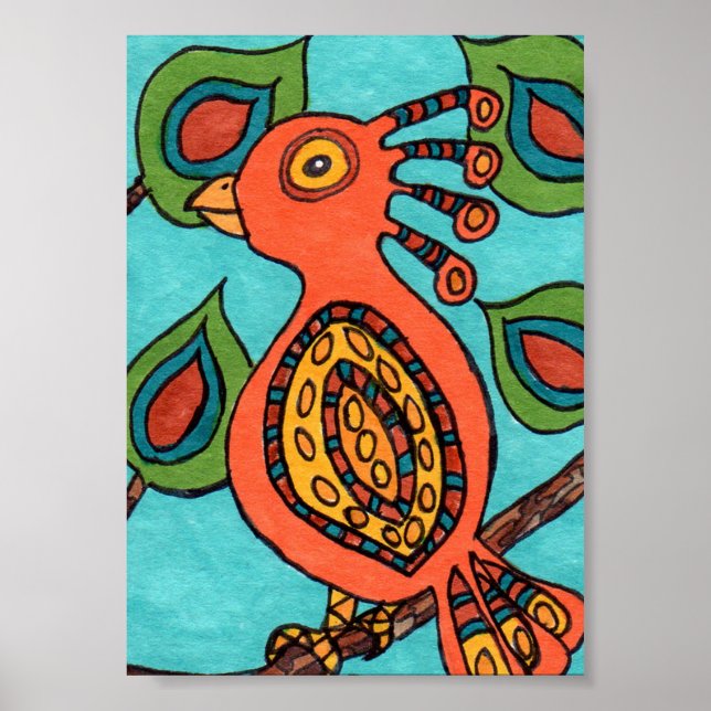 Affiches Orange Oaxacan Oiseau Mini Art folklorique (Devant)