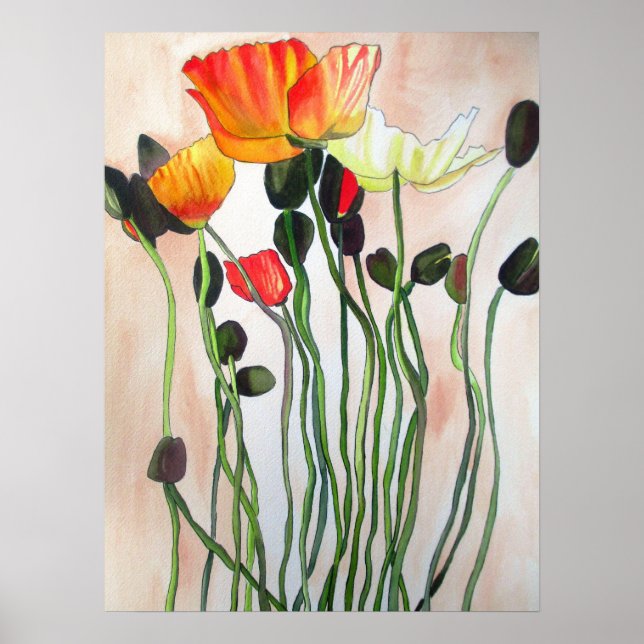 Affiches Orange Poppies art original de la fleur d'aquarell (Devant)