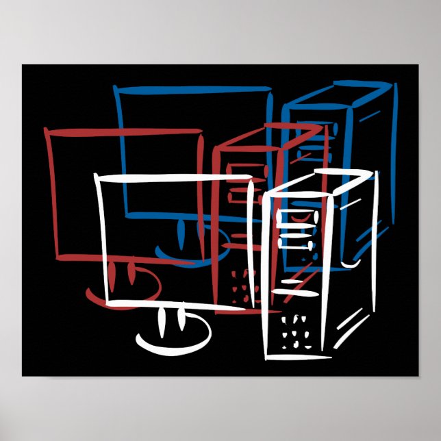 Affiches Ordinateurs triple minimalisme rouge blanc bleu (Devant)