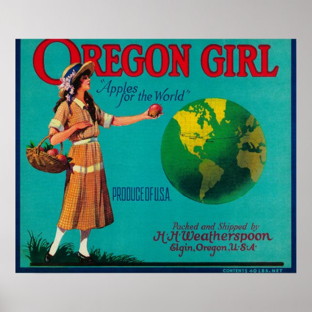 Affiches Oregon Girl Apple Crate LabelElgin, OU (Devant)