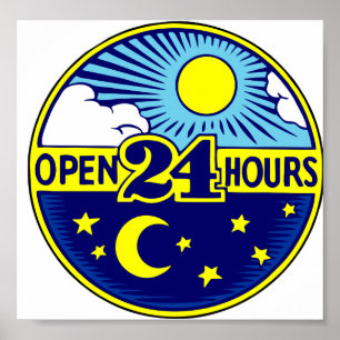 Affiches Ouvert 24 heures Soleil et Lune