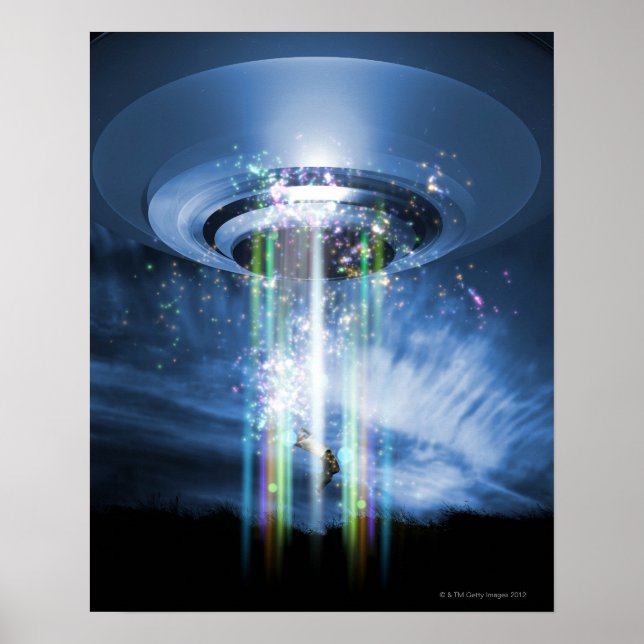 Affiches OVNI survolant la Terre en enlevant des humains. (Devant)