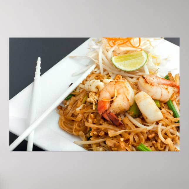Affiches Pad de fruits de mer Noodles de riz frits Thai (Devant)