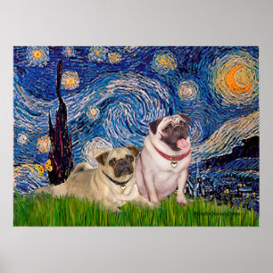 Affiches Paire de Pug (fauve) - Nuit étoilée