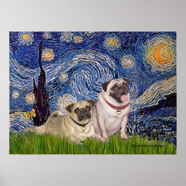 Affiches Paire de Pug (fauve) - Nuit étoilée (Devant)