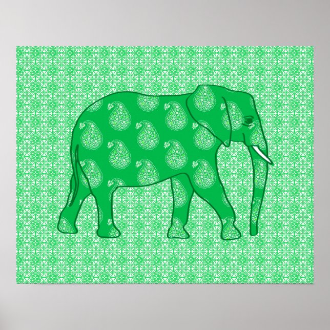 Affiches Paisley éléphant - Jade vert et blanc (Devant)