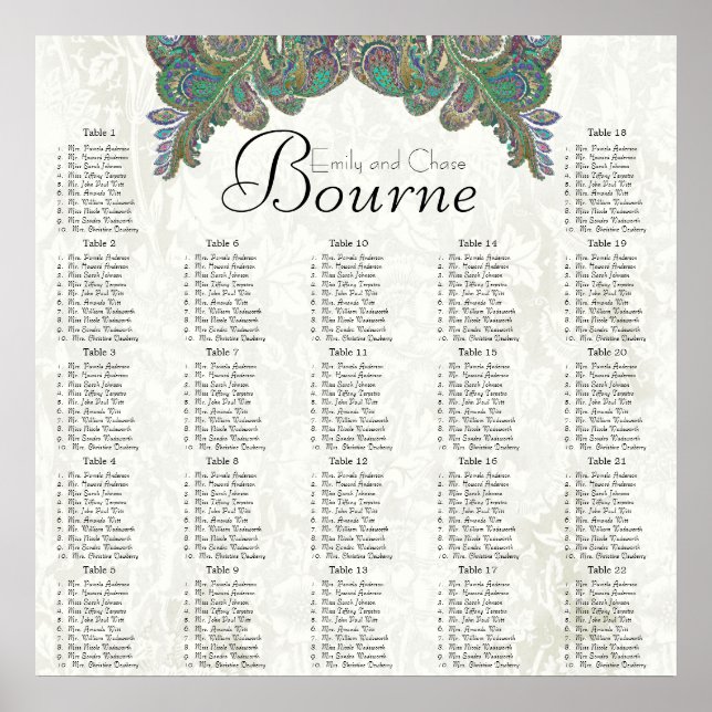 Affiches Paisley Peacock Couleurs Réception Carte de siège (Devant)