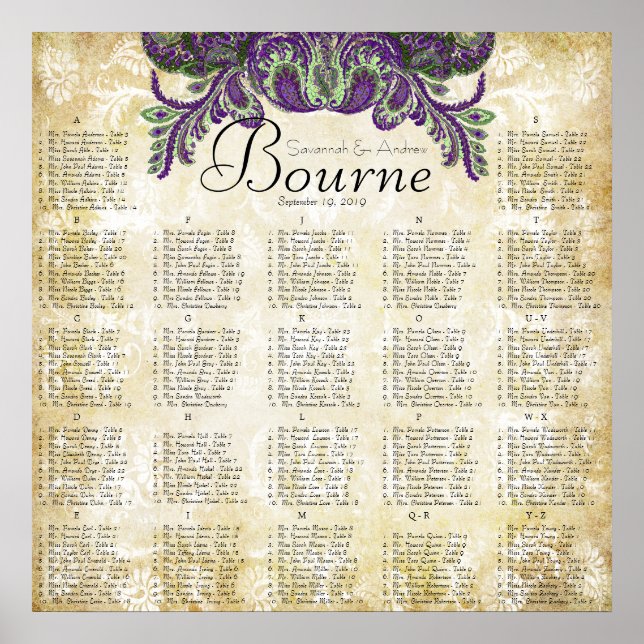 Affiches Paisley Peacock Purple Gold Mariage Carte de siège (Devant)