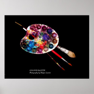 AFFICHES PALETTE DE COULEURS D'ARTISTE ET PINCEAUX EN NOIR