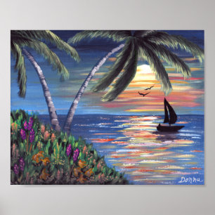 Affiches Palmiers Coucher de soleil Peinture océanique