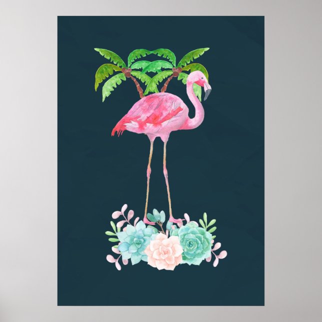 Affiches Palmiers Flamants roses roses et succulents florau (Devant)