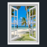 Affiches Palmiers tropicaux Plage Océan Vue Fake Fenêtre<br><div class="desc">Plage tropicale et palmiers Vue sur l'océan,  fausse scène de fenêtre,  pour un mur de bureau sans fenêtre. Illusion d'optique réaliste et amusante affiche pittoresque pour un bureau ou un mur d'étude.</div>