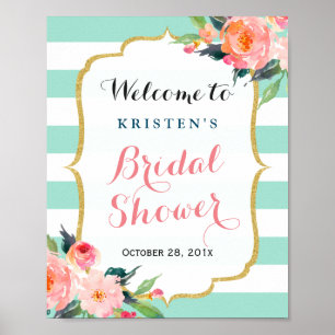 Affiches Pancarte de Baby Shower Moderne Floral Vert Menthe