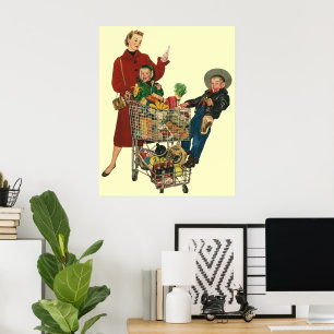Affiches Panier d'épicerie Retro Family, Mom and Kids