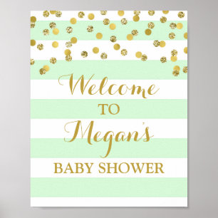Affiches Panneau Baby shower de bienvenue Mint Stripe or Co