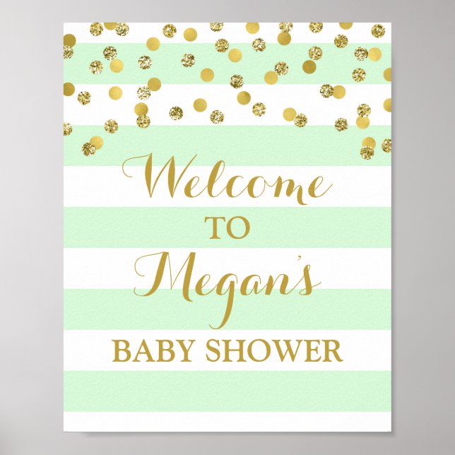 Affiches Panneau Baby shower de bienvenue Mint Stripe or Co (Devant)
