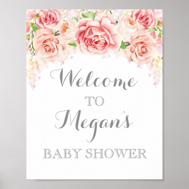 Affiches Panneau baby shower Fleurs d'aquarelle rose (Devant)