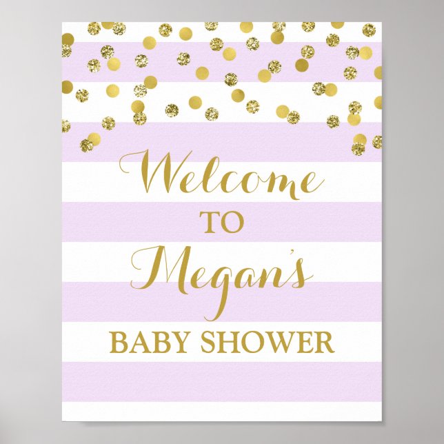 Affiches Panneau baby shower Purple Stripes Gold Confetti (Devant)