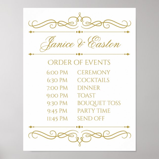 Affiches Panneau Calendrier mariage | Gold Swirl Calligraph (Devant)