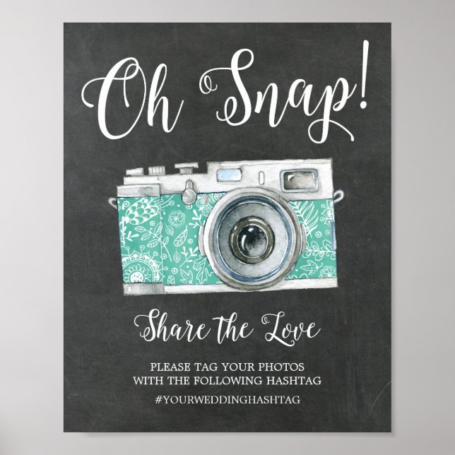 Affiches Panneau Chalkboard Oh Snap Caméra Hashtag Mariage (Devant)