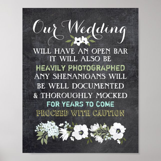 Affiches Panneau Chalkboard Open Bar Mariage Signal Floral  (Devant)