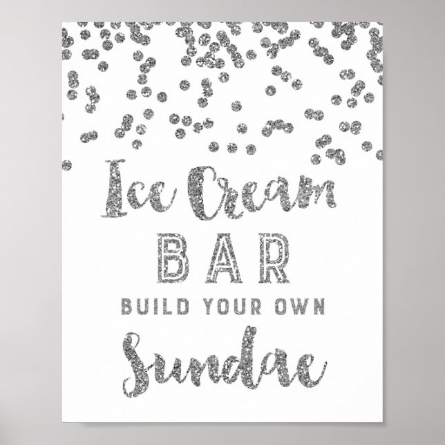 Affiches Panneau de bar de sundae de glace confetti argenté (Devant)